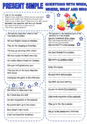 English Worksheet: PRESENT SIMPLE (4) QUESTIONS WITH WHEN, WHERE, WHAT AND WHO 