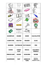 English Worksheet: School objects - Memory game 