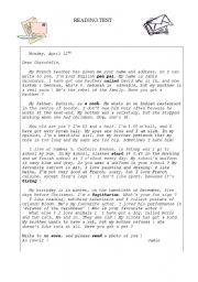 English Worksheet: Reading test - Letter from a pen pal