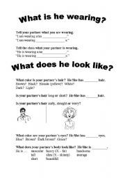 English worksheet: What is he wearing?  What does he look like?