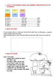 English worksheet: prepositions of place: look and write; read and draw; read and color