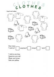 English Worksheet: Clothes - count and colour