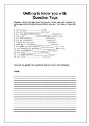 English worksheet: Question Tags - Getting to know you Worksheet