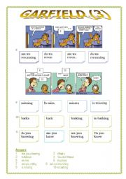 English Worksheet: Garfield 3(of3) dialogue to complete (answers included)