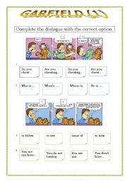 English Worksheet: Garfield 1 (of 3) dialogue to complete