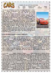 English Worksheet: CARS I - CLOZE, PRESENT SIMPLE, READING COMPREHENSION, WRITING