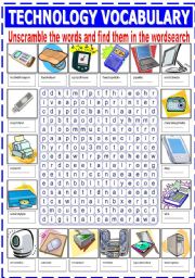 English Worksheet: TECHNOLOGY VOCABULARY (UNSCRAMBLE AND WORDSEARCH)