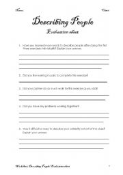 English worksheet: describing people: evaluation sheet for the pupils
