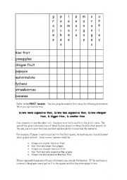 English Worksheet: Comparatives Game (Fruit theme)