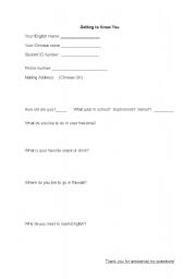English Worksheet: Getting to Know You