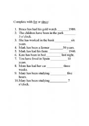 English worksheet: for / since