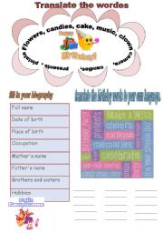 English worksheet: birthday words
