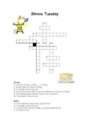 English worksheet: Shrove Tuesday Crossword