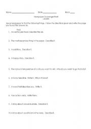 English Worksheet: Newspaper Scavenger Hunt Level B
