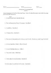 English Worksheet: Newspaper Scavenger Hunt Level C