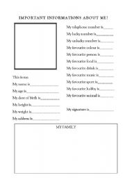 English worksheet: IMPORTANT INFORMATIONS ABOUT ME