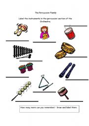 English worksheet: Percussion work sheet