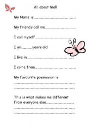 English Worksheet: All About Me / Life Story Part One