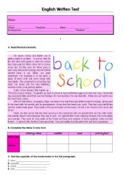 English Worksheet: Test - Back to school