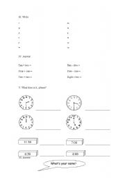 English worksheet: Numbers  - Telling the time - Personal  Pronouns - Personal Questions