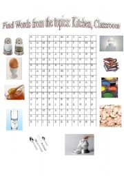 English worksheet: Wordsearch: Kitchen, Classroom