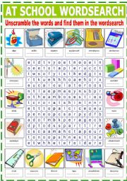 English Worksheet: AT SCHOOL WORDSEARCH