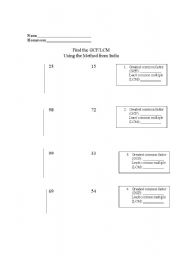 English Worksheet: GCF and LCM using the Indian Method