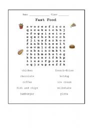 English Worksheet: Fast Food Wordsearch