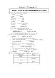English Worksheet: Grammar Review_Articles and countable nouns