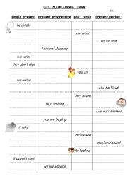 Mixed tenses verb forms grid