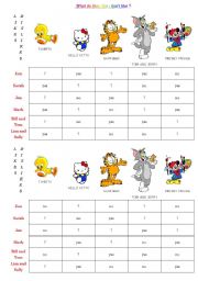 English Worksheet: likes and dislikes cartoon characters pairwork