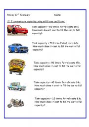 English Worksheet: I can solve problems related to capacity and litres
