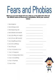 phobias fears worksheet worksheets reading comprehension esl