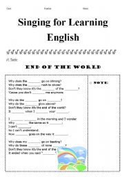 English Worksheet: singing for learning