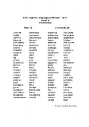 English worksheet: Fruits and Vegetables vocabulary