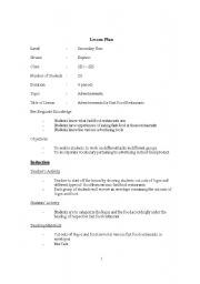 English Worksheet: Fast Food Restaurants Lesson Plan