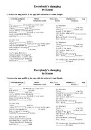 English Worksheet: song activity - everybodys changing by keane