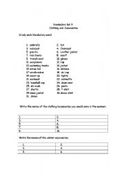 English worksheet: Vocabulary list 3 Clothing and Accessories 2 of 2