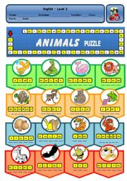 English Worksheet: ANIMALS PUZZLE