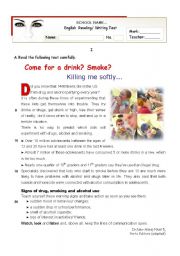 English Worksheet: Come for a drink? Smoke?  - Reading + Writing TEST for Upper Intermediate students