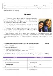 English Worksheet: shopping with lisa (reading+vocabulary+questions+grammar+writing)