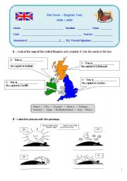 English Worksheet: Test about UK, greetings, classroom objects...