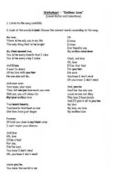 English worksheet: Endless Love (Lionel Ritchie and Diana Ross)