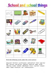 English Worksheet: school and school things