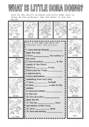 English Worksheet: Present continous ( What is little Dora doing?)