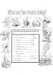 English Worksheet: What are the Smurfs doing?