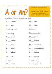 English Worksheet: a or an?