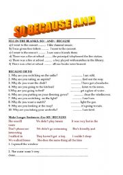 English Worksheet: so because and