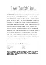 English worksheet: Thanksgiving Reading Comprehension and Writing Prompt