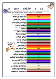 English Worksheet: IF YOUR BIRTHDAY IS ON.... : PERSONALITY TEST BASED ON COLOURS (2 PAGES)